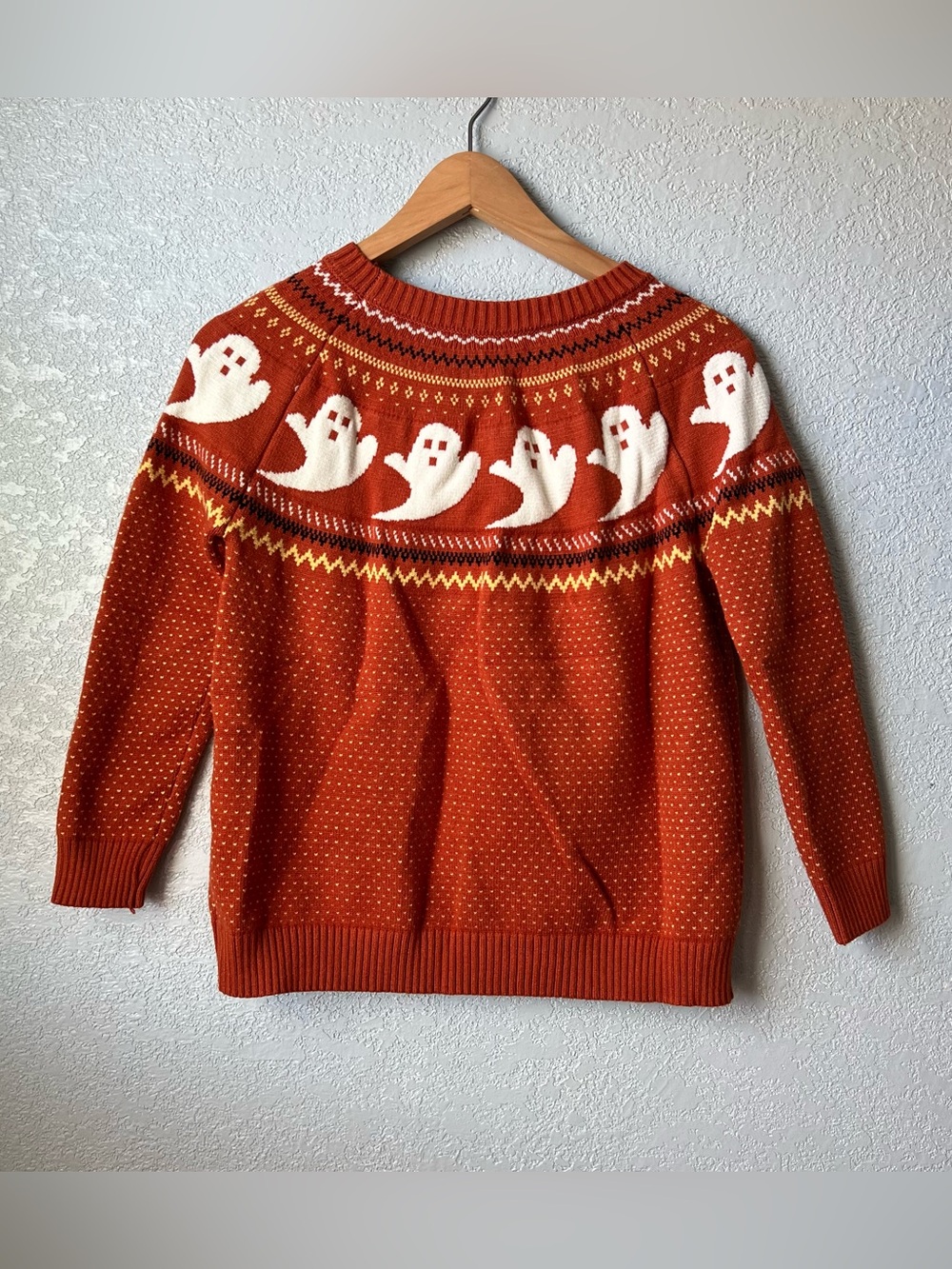 Women’s Orange Ghost Fair Isle Halloween Sweater Long Sleeve Pullover XXS